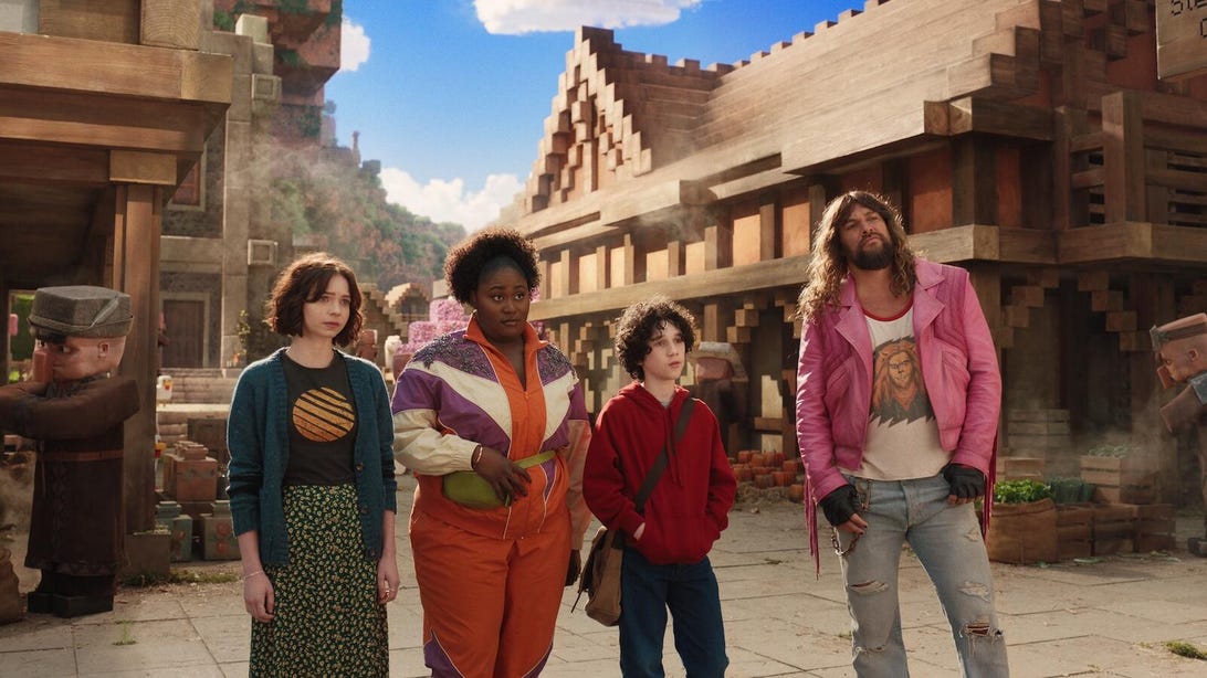 Emma Myers, Danielle Brooks, Sebastian Hansen, and Jason Momoa, A Minecraft Movie
